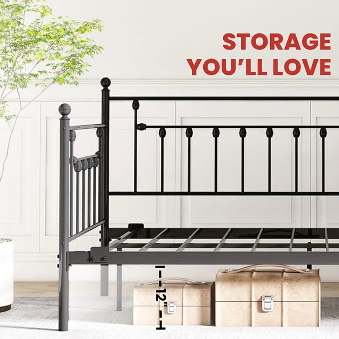 Golden Gate Beds Daybed Frame with Headboard, Without Trundle, Heavy Duty Metal Frame & Steel Slats Foundation, Upholstered Stylish Sofa Bed for Living Room, Bedroom, Guest Room - Black, Twin Size