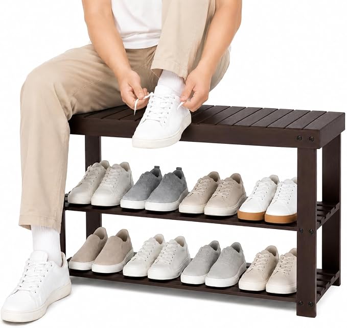 Shoe Rack Bench, 3-Tier Shoe Storage Organizer for Entryway , Shoe Shelf for Small Spaces, Multi-Functional Side Table Plant Stand, Shoe Stand for Bedroom, Living Room, Closet, Front Door, Brown