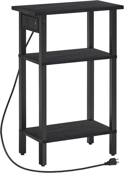 HOOBRO Narrow Side Table, 3-Tier Slim End Table with Charging Station, Skinny Nightstand with Open Storage, for Small Spaces, Living Room, Bedroom, Study, Rustic Brown and Black BB340UBZ01