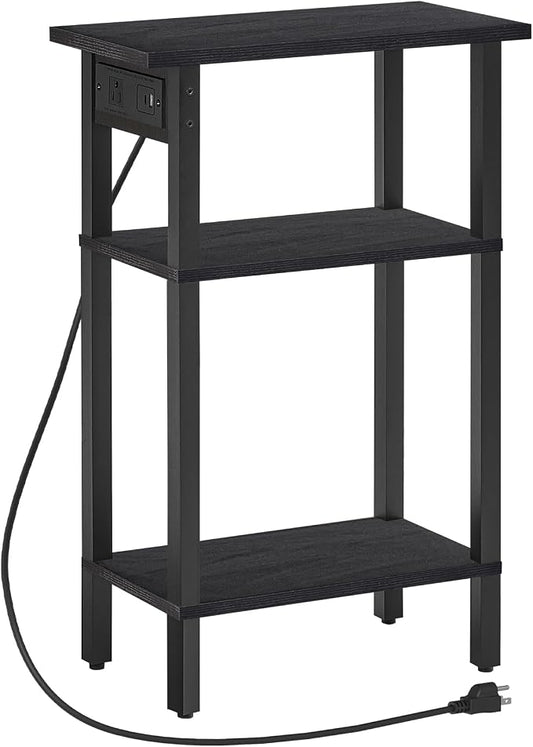 HOOBRO Narrow Side Table, 3-Tier Slim End Table with Charging Station, Skinny Nightstand with Open Storage, for Small Spaces, Living Room, Bedroom, Study, Rustic Brown and Black BB340UBZ01