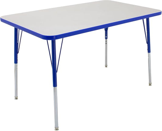FDP Rectangle Activity School and Office Table (30 x 48 inch), Standard Legs with Swivel Glides, Adjustable Height 19-30 inches; Quick Ship Single Box - Gray Top and Blue Edge