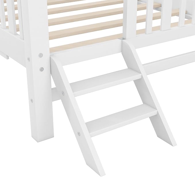 Merax Wood Twin Size Platform Bed with Guardrail and Trundle, Kids Bed Frame with Stairs, White