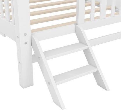 Merax Wood Twin Size Platform Bed with Guardrail and Trundle, Kids Bed Frame with Stairs, White