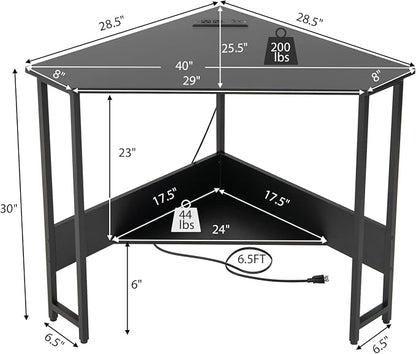 Tangkula Corner Desk with Power Outlet & USB Ports, Triangle Computer Desk with Charging Station, Storage Shelf, Space Saving Writing Desk, Vanity Table, Corner Desk for Small Space (Black)