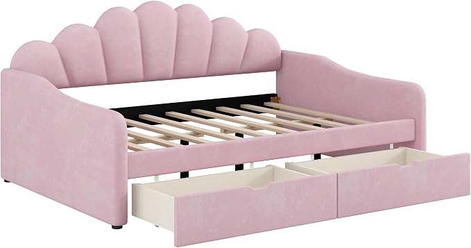 Ball & Cast Full Size Daybed with Two Storage Drawers,Velvet Upholstered Day Bed Frame Full with Shall Shaped Backrest and Wood Slat Support,No Box Spring Needed,Pink