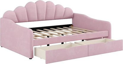 Ball & Cast Full Size Daybed with Two Storage Drawers,Velvet Upholstered Day Bed Frame Full with Shall Shaped Backrest and Wood Slat Support,No Box Spring Needed,Pink