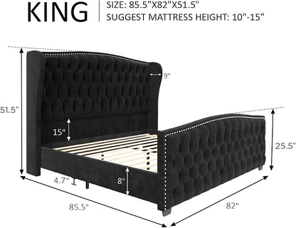 AMERLIFE King Size Platform Bed Frame, Velvet Upholstered Bed with Deep Button Tufted & Nailhead Trim Wingback Headboard/No Box Spring Needed/Black