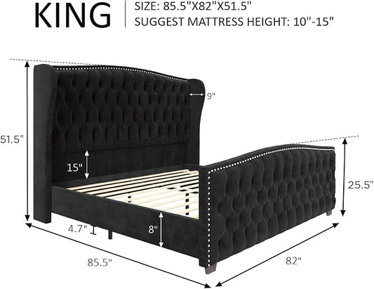 AMERLIFE King Size Platform Bed Frame, Velvet Upholstered Bed with Deep Button Tufted & Nailhead Trim Wingback Headboard/No Box Spring Needed/Black