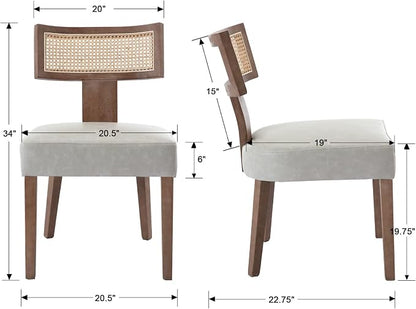 RIVOVA Rattan Dining Chairs Set of 2, Mid-Century Modern Dining Chair, Kitchen Dining Room Chairs, Curved Cane Back Upholstered PU Leather Dining Chairs with Wood Frame, Grey