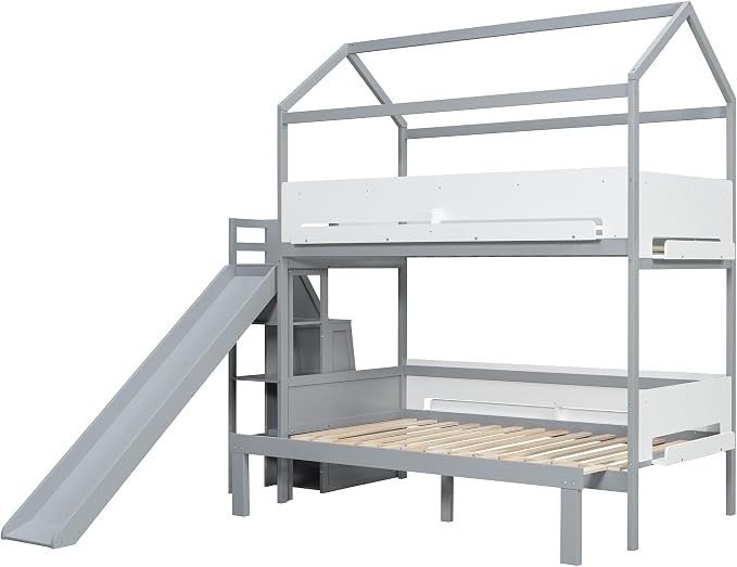 Harper & Bright Designs Twin Over Full House Bunk Bed with Trundle and Slide, Metal Bunk Bed with Bookshelf and Stairs for Kids Teens Adults, Space Saving, No Box Spring Needed, Gray+White