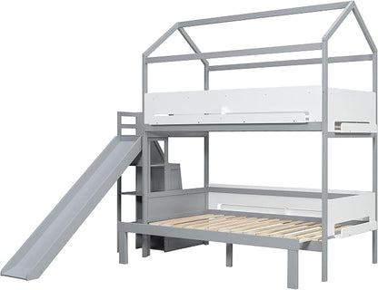 Harper & Bright Designs Twin Over Full House Bunk Bed with Trundle and Slide, Metal Bunk Bed with Bookshelf and Stairs for Kids Teens Adults, Space Saving, No Box Spring Needed, Gray+White