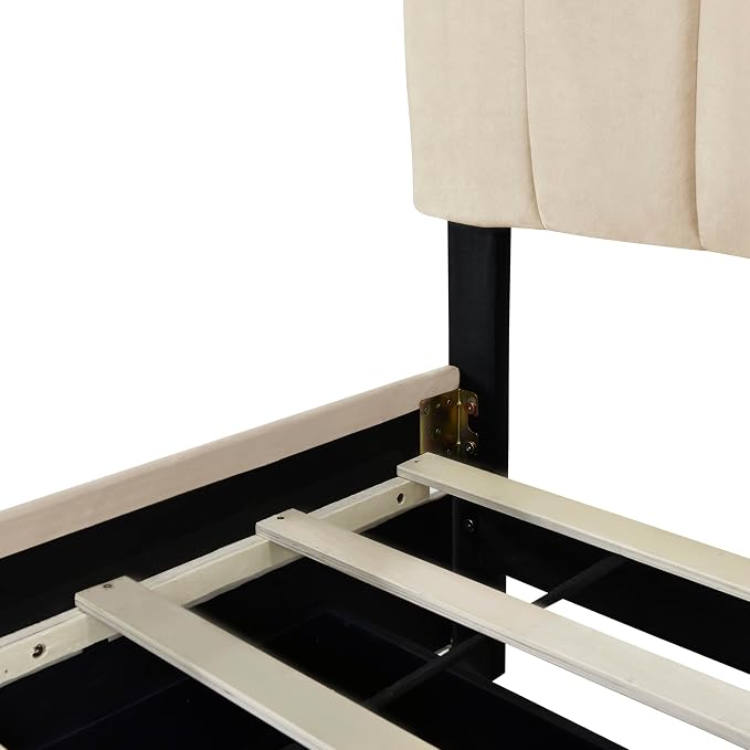 Bellemave Queen Bed Frame with Trundle Bed,Velvet Upholstered Platform Bed Frame with Storage Drawers,Queen Size Trundle Bed with Headboard for Kids Teens Adults,Beige