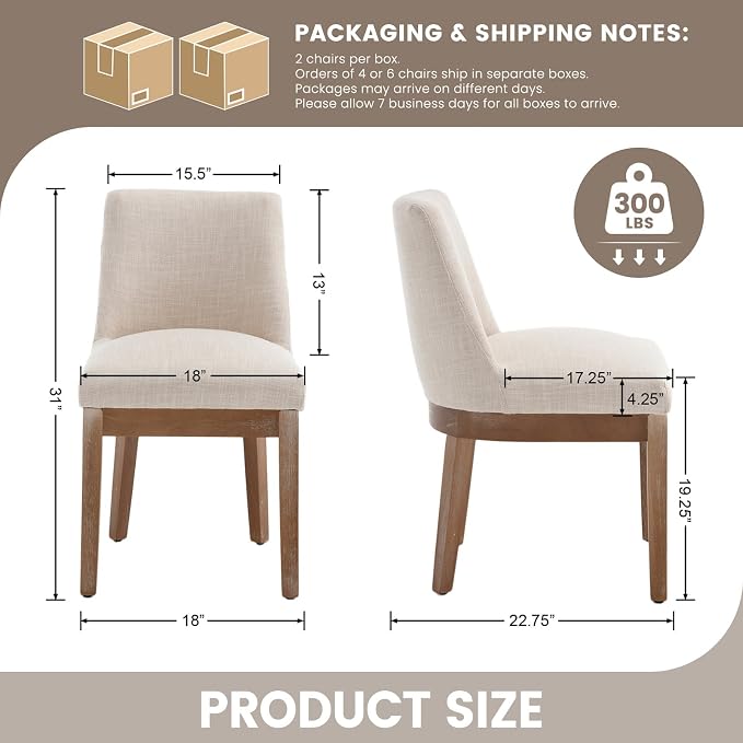 RIVOVA Upholstered Dining Chairs Set of 2, Modern Wooden Dining Room Chair Linen Fabric Kitchen Chairs Farmhouse Dinner Chair with Hardwood Frame, Beige