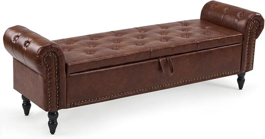 Furniliving 63” End of Bed Storage Bench, Bedroom Bench with Button-Tufted, Upholstered Storage Ottoman Benches Window Bench with Storage, Leather Bench for Living Room, Entryway, PU, Darkbrown