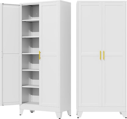 75" Metal Garage Storage Cabinet with 2 Doors and 5 Adjustable Shelves,Metal Storage Cabinets,Steel Tool Cabinets for Home,Office,Garage,Warehouse, Widen (White, 75''H x 32''W x 16''D-B)