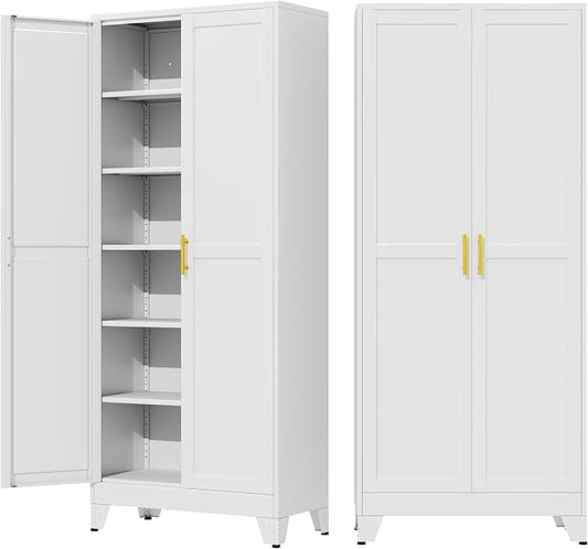 75" Metal Garage Storage Cabinet with 2 Doors and 5 Adjustable Shelves,Metal Storage Cabinets,Steel Tool Cabinets for Home,Office,Garage,Warehouse, Widen (White, 75''H x 32''W x 16''D-B)
