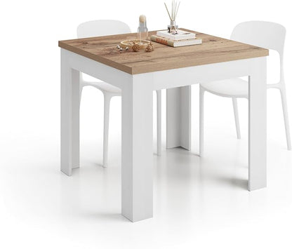 Mobili Fiver, Square extendable Dining Table, Eldorado, 35.4(70.9) x35.4 in, Rustic Oak and Ashwood White, for 4-8 People, Expandable Dining Table for Kitchen, Italian Furniture