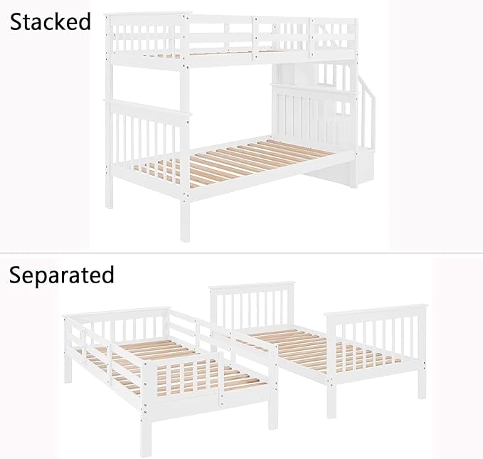 MERITLINE Twin Over Twin Bunk Bed with Storage Staircase, Solid Wood Stairway Convertible Bunk Bed with Stairs (Twin Over Twin,White)