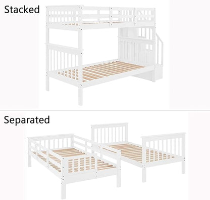 MERITLINE Twin Over Twin Bunk Bed with Storage Staircase, Solid Wood Stairway Convertible Bunk Bed with Stairs (Twin Over Twin,White)