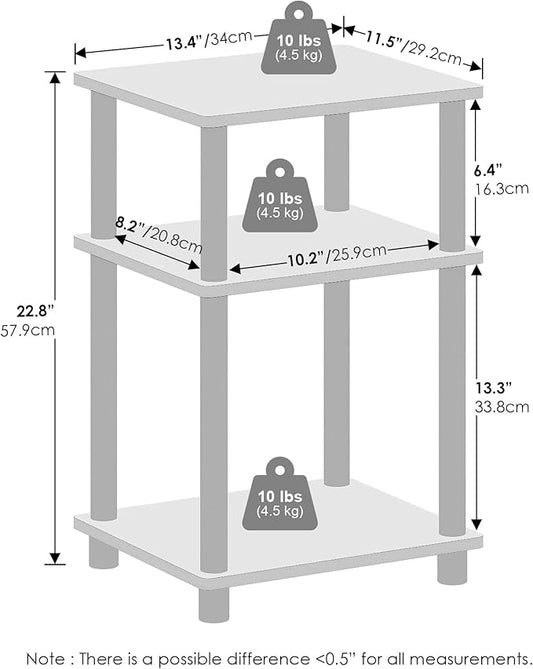 Furinno JUST Side Table, 3-Tier End Table, Open Shelves Night Stand, Bedside Table, Toolless Assembly, for Living Room, Bedroom, Bathroom, White