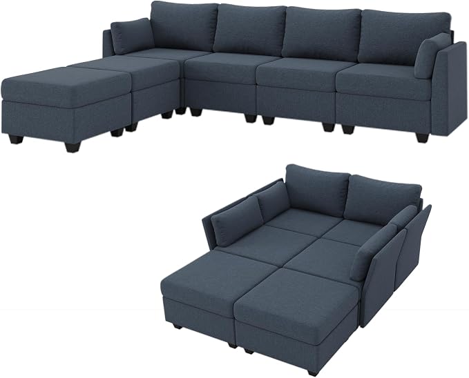 Huatean Home 114.17" Modular Sectional Sofa, 6 Seat Modular Couch with Storage, Memory Foam, Convertible Sectional Couches for Living Room, U Shaped Comfy Modular Sofa with Chaise, Blue Grey