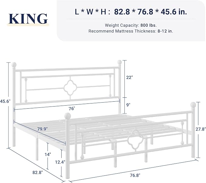 Allewie King Size Metal Platform Bed Frame with Victorian Vintage Headboard and Footboard/Mattress Foundation/Under Bed Storage/No Box Spring Needed/Noise-Free/Easy Assembly, White