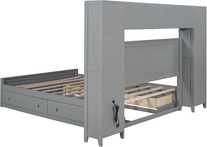 Merax Queen Size Wooden Bed with All-in-One Cabinet, Gray Platform Bed Frame with 4 Drawers, Shelf and Sockets