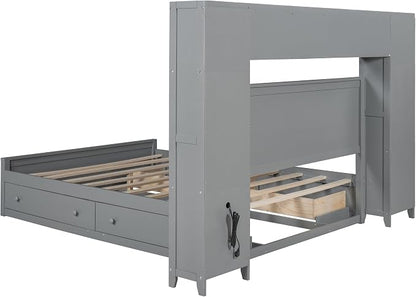 Merax Queen Size Wooden Bed with All-in-One Cabinet, Gray Platform Bed Frame with 4 Drawers, Shelf and Sockets
