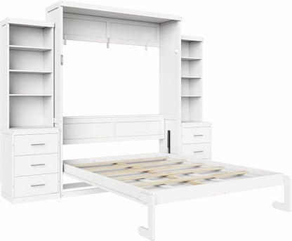Murphy Bed Queen Size,Murphy Bed with Storage Shelves and Drawers,Wall Bedframe w/Wood Slatk,can be Folded,No Box Spring Needed,for Bedroom Apartment,White