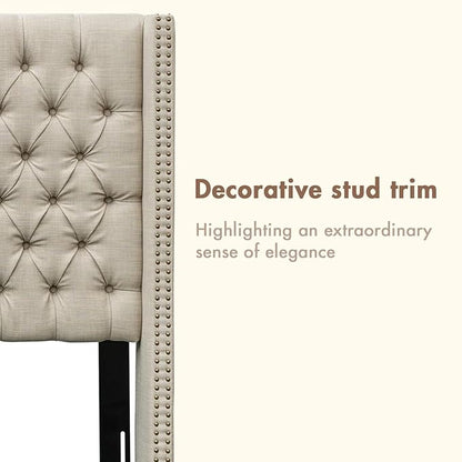 Madison Park Queen Wingback Upholstered Tufted Headboard, Featuring High-Density Sponge Padding, Adjustable Height Headboard, Easy Assembly, Beige Woven