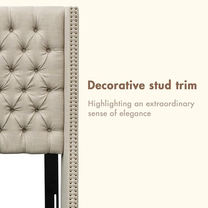 Madison Park King Wingback Upholstered Tufted Headboard, Featuring High-Density Sponge Padding, Adjustable Height Headboard, Easy Assembly, Beige Woven