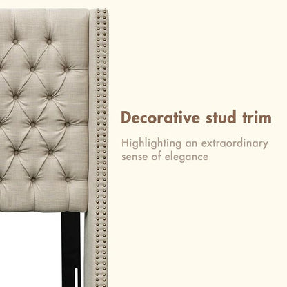 Madison Park King Wingback Upholstered Tufted Headboard, Featuring High-Density Sponge Padding, Adjustable Height Headboard, Easy Assembly, Beige Woven