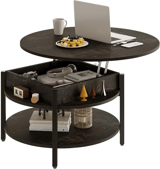 FABATO Round Lift Top Coffee Table with Storage and Hidden Compartment, 26.77'' Farmhouse Coffee Table for Living Room Reception Room, 2 Tier Small Round Coffee Table Circle Dining Table, Black Oak | Lift Top