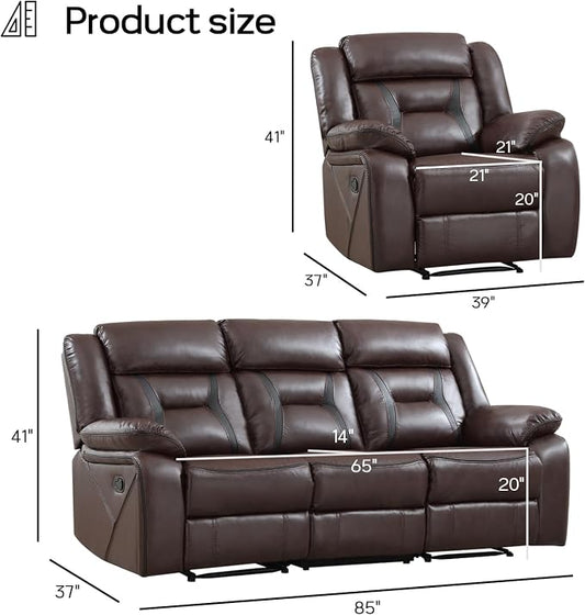 EBELLO Faux Leather Recliner Sofa Furniture Set for Living Room, 2 Recliner Chairs, 3 Seat Recliniing Sofa Couch Set for Meeting Room, Dark Brown
