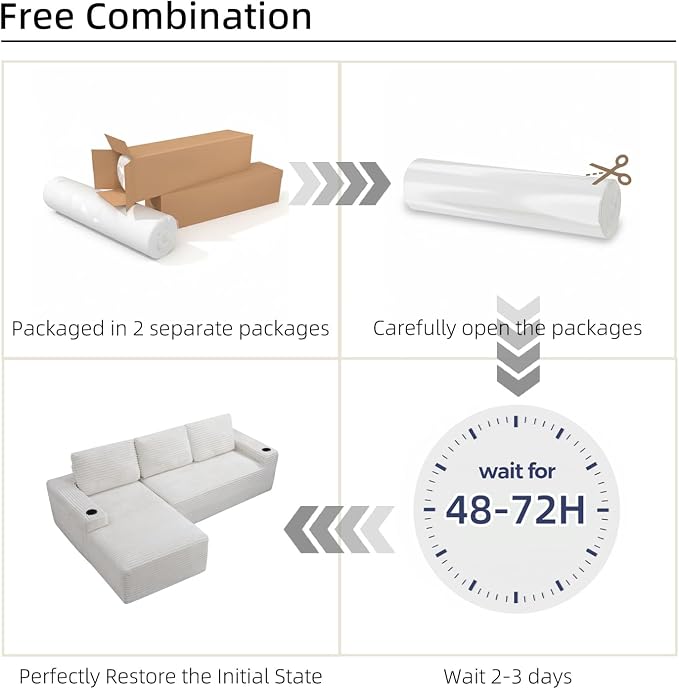 104" L Shaped Boneless Sectional Couches for Living Room, Comfy Corduroy Floor Cloud Sofa with Chaise and Cup Holder, Wide Armrest, Deep Seat, Assembly Free, Ideal for Small Spaces, Beige