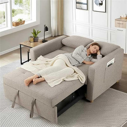 SEJOV 3-in-1 Convertible Sofa Bed, Linen Fabric Sleeper Couch Pull Out Bed, 49" 2-Seater Loveseat Futon Sofa with Spring Support, Adjustable Backrest and Pillows for Small Spaces, Living Room