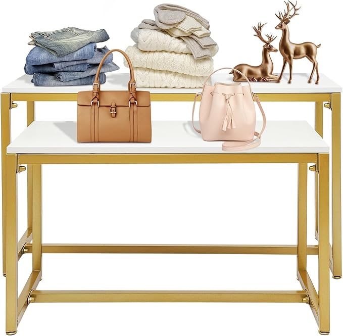 2-Piece Set Gold Modern Nesting Tables, Metal Shoe Handbag Retail Display Racks, Metal Display Riser Shelf for Shoes, Handbags, Home, Clothing Shops, Retail Stores