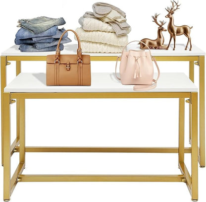 2-Piece Set Gold Modern Nesting Tables, Metal Shoe Handbag Retail Display Racks, Metal Display Riser Shelf for Shoes, Handbags, Home, Clothing Shops, Retail Stores