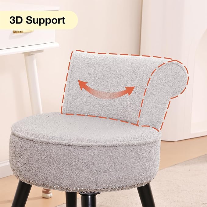 Vanity Chair with Back, Sherpa Stool with Tufted Backrest & Silver Nailhead Trim, Round Vanity Seat for Bedroom and Bathroom Makeup, Support 220lbs, Easy Assembly (Teddy Gray)