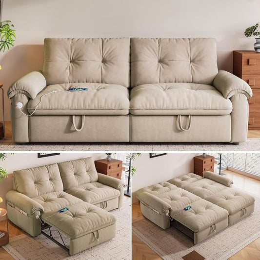 77.2'' Pull Out Couch Full Size, Pre-assembled Sleeper Sofa Bed, Flannel Convertible Futon Sofa Bed with Adjustable Backrest, USB, Side Pocket, Loveseat for Living Room, Apartment, Light Brown