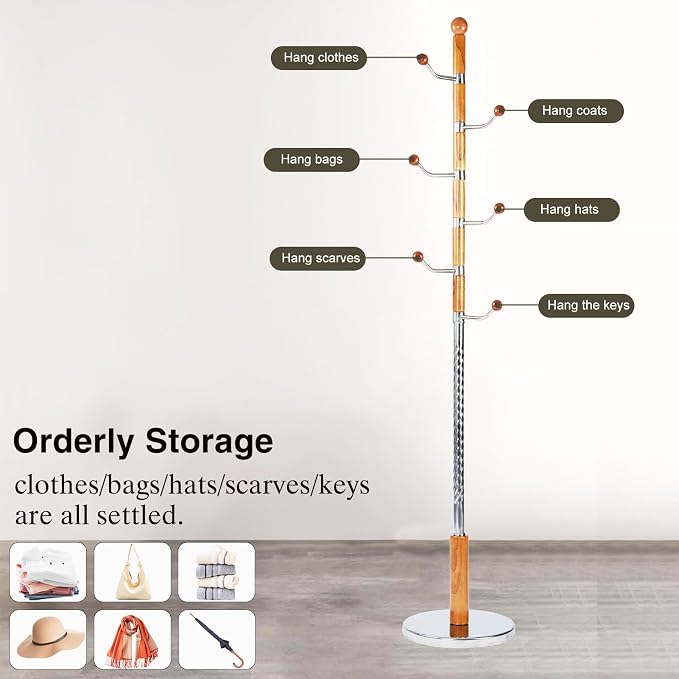 Wooden Coat Rack Freestanding, Hall Tree Hanger With Resin Hooks, Adjustable Heavy Duty Coat Rack for Hanging Clothes Bags Hats in Living Room Bedroom (coat rack, metal-Walnut color)
