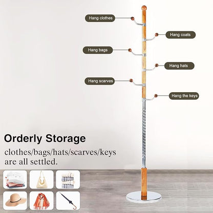 Wooden Coat Rack Freestanding, Hall Tree Hanger With Resin Hooks, Adjustable Heavy Duty Coat Rack for Hanging Clothes Bags Hats in Living Room Bedroom (coat rack, metal-Walnut color)