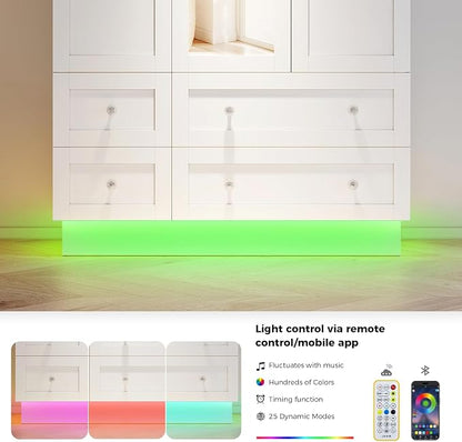 VOWNER Wardrobe Closet with 3 Doors Bedroom Armoire with Mirror & 4 Drawers | Large Capacity Storage Closet with LED Light and Hanging Rod for Bedroom, White 47" L
