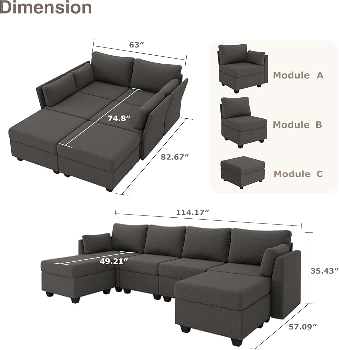 Huatean Home 114.17" Modular Sectional Sofa, 6 Seat Modular Couch with Storage, Memory Foam, Convertible Sectional Couches for Living Room, U Shaped Comfy Modular Sofa with Chaise, Dark Grey