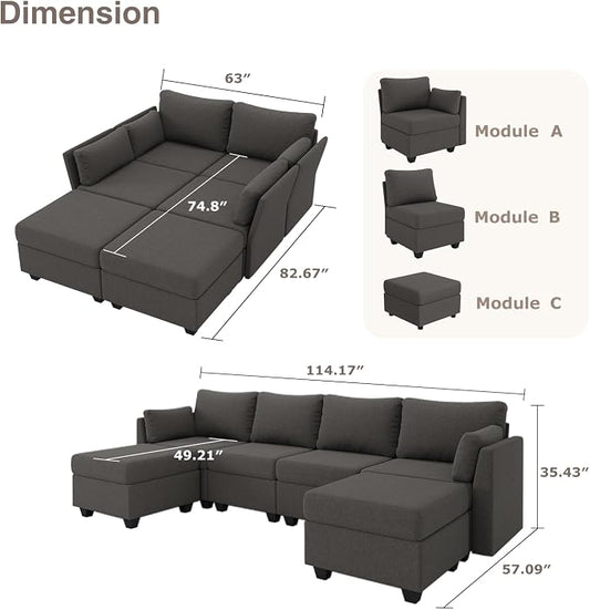Huatean Home 114.17" Modular Sectional Sofa, 6 Seat Modular Couch with Storage, Memory Foam, Convertible Sectional Couches for Living Room, U Shaped Comfy Modular Sofa with Chaise, Dark Grey