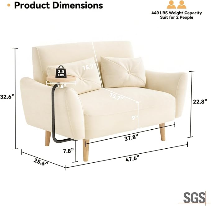 Brelice Loveseat Sofa, 47" Velvet Couch for Bedroom, Convertible Wooden Tray & Ergonomic Armrest, for Small Space, Apartment, Living Room, Home Office, Easy Assembly, Beige