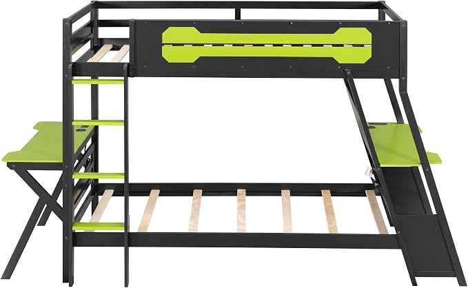 Merax Wooden Twin Over Twin Bunk Bed with 2 Side Desks, USB Desktop Ports and Pegboard Organizer, Gaming Bunk Bed for Gamer, Kids or Teens, No Box Spring Needed, Green