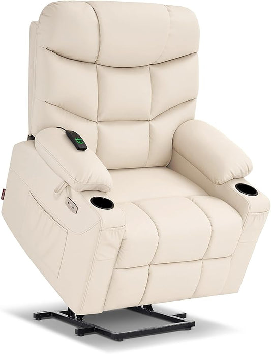 MCombo Power Lift Recliner Chair for Elderly, Electric Lift Chair with Extended Footrest, USB Ports, Cup Holders, Faux Leather 7287 (Cream White, Medium)