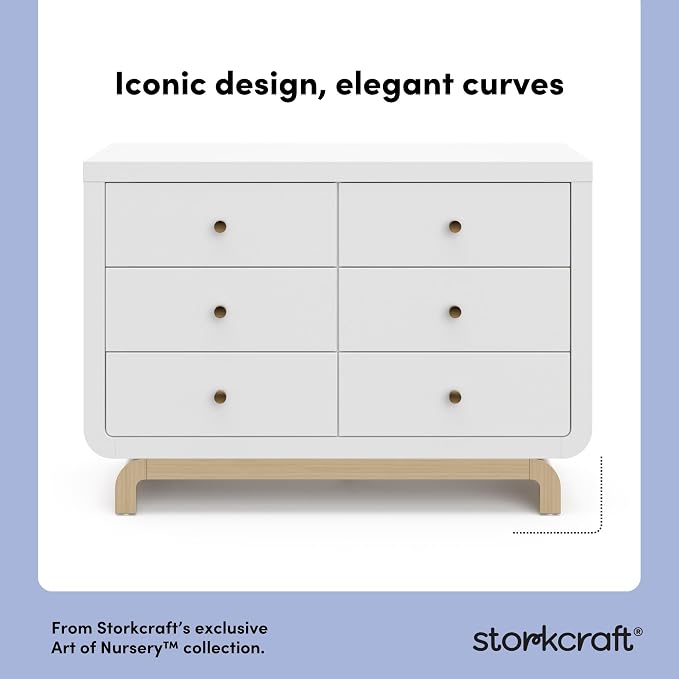 Storkcraft Santorini 6 Drawer Double Dresser (White with Driftwood) - GREENGUARD Gold Certified, Interlocking Drawer System, Dresser Drawer Organizer for Kids Bedroom