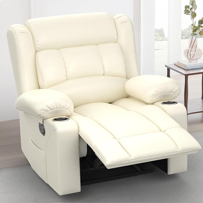 RV Recliner Chair, Oversized Reclining Loveseat Home Theater Seating with Cup Holders, Insert Pockets, Wall Hugger RV Recliners for Movie Room, Recline Movie Seats Gaming Sofa, White